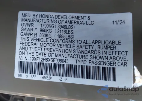 2025 Honda Civic Sedan Sport из США, поврежденный, VIN 19XFL2H8XSE008043